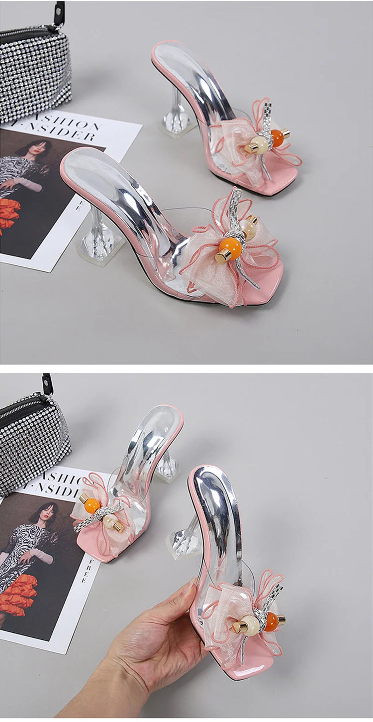 Liyke 2026 New Fashion 9CM Pantofole con tacco trasparente Filato netto rosa Bowknot Sandali estivi Scarpe trasparenti per le donne Ciabatte Presentazioni aziende produttrici giochi