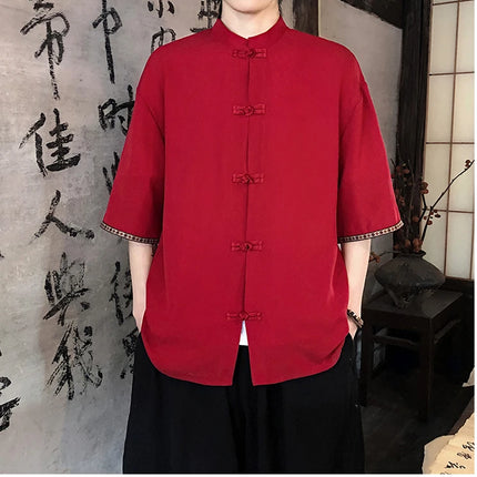 Camicie retrò da uomo, estive, eleganti, larghe, casual, leggere, sottili, traspiranti, in stile cinese, vintage, con calligrafia tradizionale.