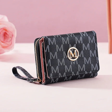 Fashionable Letter Printed Tri-Fold Compact Ladies Wallet Retro Style Card Holder PU Leather Synthetic Interior Daily Use PlatiNum