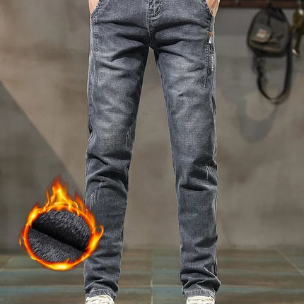 Men's Thick Winter Jeans Slim Elastic Velvet Warm Business Casual Trousers Fashion Vintage Straight Male Plush Denim Pants