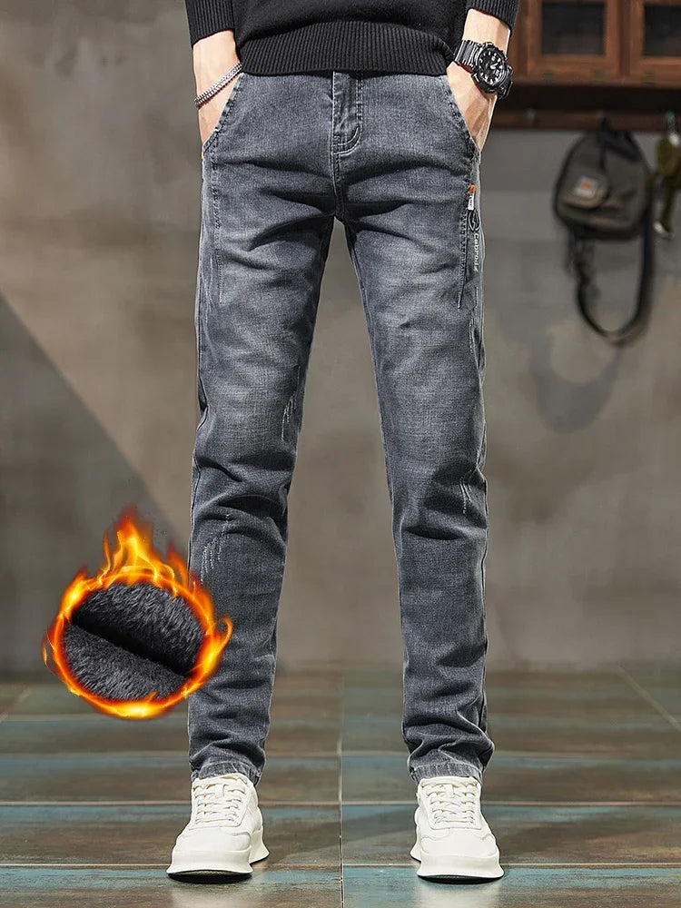 Men's Thick Winter Jeans Slim Elastic Velvet Warm Business Casual Trousers Fashion Vintage Straight Male Plush Denim Pants