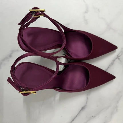 Tacchi da sera da festa da donna sexy Décolleté eleganti con cinturino alla caviglia Décolleté con tacco alto in raso bordeaux Classico a punta con cinturino alla caviglia