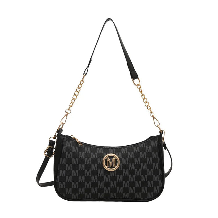 Vintage Style Handbag Crossbody Bag, Gold Letter 'M' Design Pu Leather Shoulder Messenger Bag, Synthetic Leather Tote Bag, Purse PlatiNum