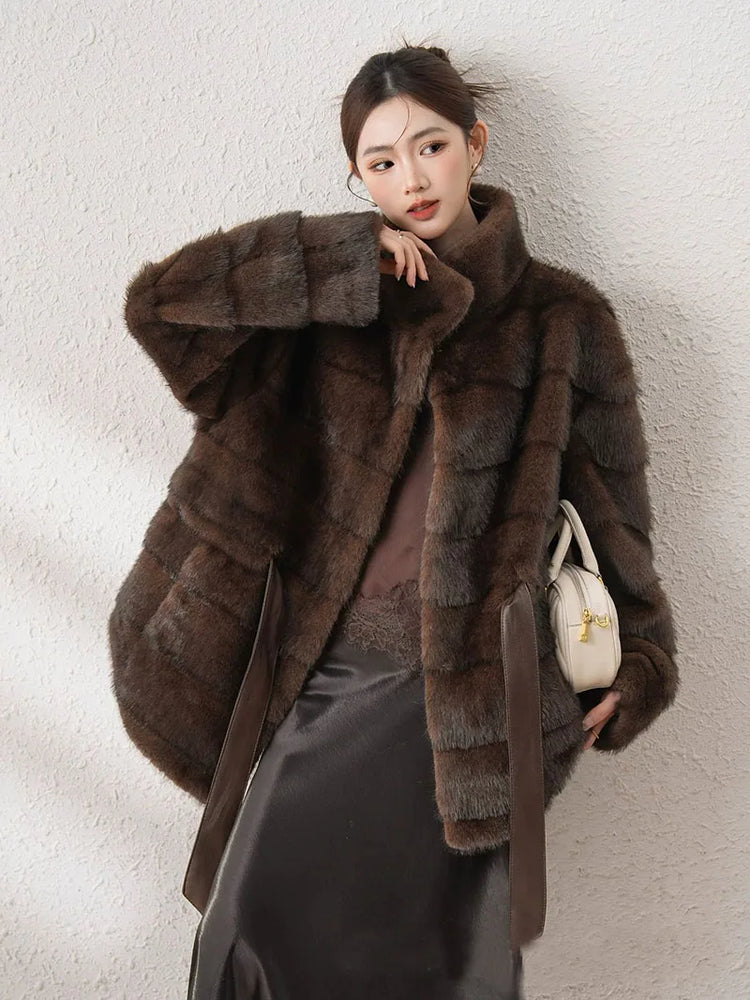 ZADORIN Luxury Designer Clothing Woman Mink Coat 2026 Chic Stand Collar Belted Brown Faux Fur Coat Woman Fluffy Fur Jacket Coats