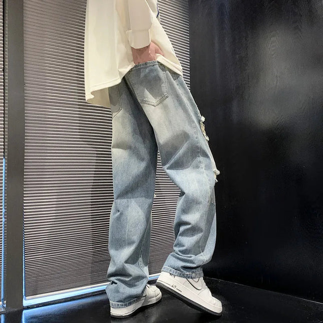 New vintage casual loose fit men's jeans with high street style straight leg denim pants for teenagers, torn knees and damaged PlatiNum