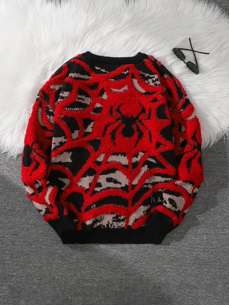 Autumn and Winter Velvet Spider Jacquard Double-Sided Pattern Pullover Sweater Casual Round-Neck Knit Men's Pullover Sweater Suitable for Daily Wear, Unisex Outerwear