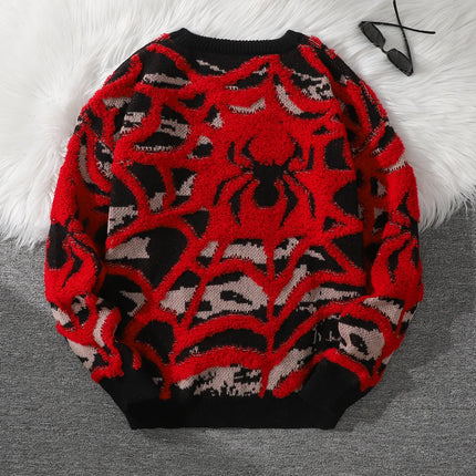 Autumn and Winter Velvet Spider Jacquard Double-Sided Pattern Pullover Sweater Casual Round-Neck Knit Men's Pullover Sweater Suitable for Daily Wear, Unisex Outerwear