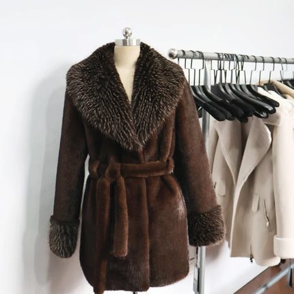 ZADORIN Luxury Long Mink Coat Faux Raccoon Fur Collar Warm Black Fur Coat Woman Elegant Belted Faux Fur Jacket Winter Outerwears