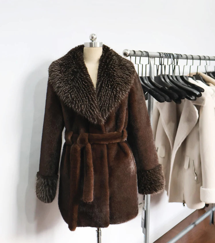 ZADORIN Luxury Long Mink Coat Faux Raccoon Fur Collar Warm Black Fur Coat Woman Elegant Belted Faux Fur Jacket Winter Outerwears