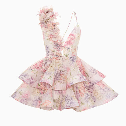 Elegant Puff Sleeve Floral Print Ball Gown Women's 3D Flower V-Neck Mini Dress Summer Beach Dresses Chic Vacation Evening Dresses