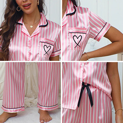 Set Pigiama da Donna con Stampa a Righe e Fiocco, Completo Estivo con Maglietta a Maniche Corte e Pantaloni, Comodo Abbigliamento da Notte e Loungewear
