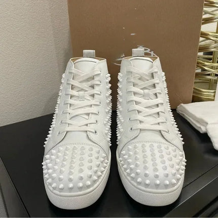 Black Studded Leather Rivets High-Top Sneakers Classic Designer Style Round Toe Men's Sports Shoes Comfort Lace-Up Casual Shoes