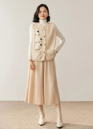 High quality Women's 100% Cashmere High Waisted Umbrella Skirt Autumn Winter Elastic Knitted Fabric Breathable Warm Soft Comfort PlatiNum