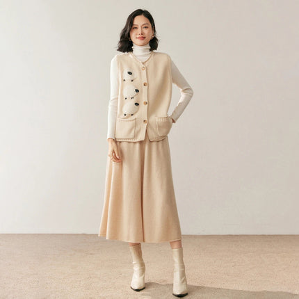 High quality Women's 100% Cashmere High Waisted Umbrella Skirt Autumn Winter Elastic Knitted Fabric Breathable Warm Soft Comfort PlatiNum