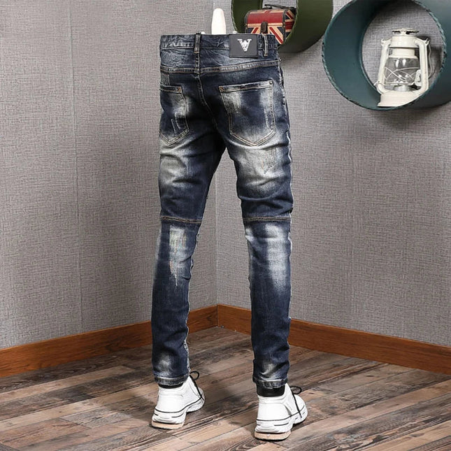 Fashion Streetwear Men Jeans Retro Black Blue Elastic Slim Fit Ripped Jeans Men Spliced Designer Embroidery Hip Hop Denim Pants PlatiNum