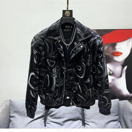 Mauroicardi Spring Autumn Cool Short Black Shiny Geometric Faux Leather Jacket Men Zipper Stylish Luxury Designer Clothes