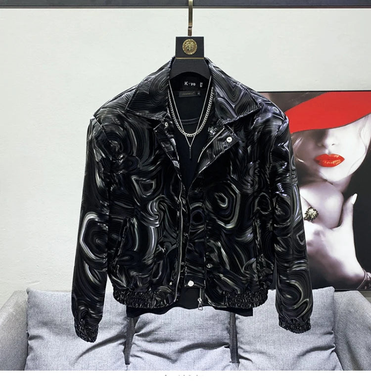 Mauroicardi Spring Autumn Cool Short Black Shiny Geometric Faux Leather Jacket Men Zipper Stylish Luxury Designer Clothes