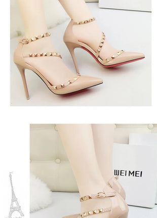 Scarpe tacco alto da donna estive in Europa e America Moda punta a punta bocca superficiale rivetto scava fuori sandali a spillo da discoteca platinumshop