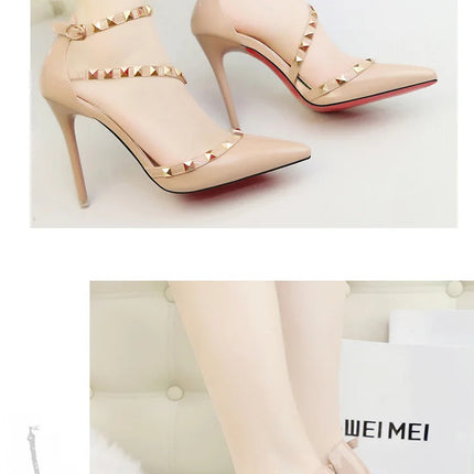 Scarpe tacco alto da donna estive in Europa e America Moda punta a punta bocca superficiale rivetto scava fuori sandali a spillo da discoteca platinumshop