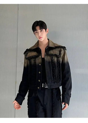 2025 New Men Denim Jacket and Jeans Set Two Piece Gradient Color Frayed Design Loose Fit High End Street Fashion Youth Trendy PlatiNum
