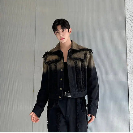 2025 New Men Denim Jacket and Jeans Set Two Piece Gradient Color Frayed Design Loose Fit High End Street Fashion Youth Trendy PlatiNum