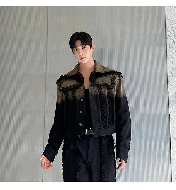 2025 Nuovi uomini Giacca di jeans e jeans Set Due pezzi Sfumatura di colore Design sfilacciato Vestibilità ampia Moda di strada di fascia alta Gioventù alla moda