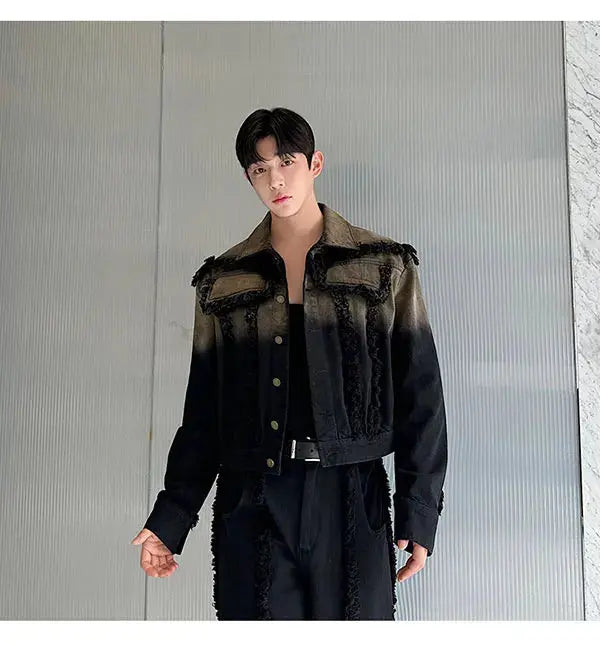 2025 New Men Denim Jacket and Jeans Set Two Piece Gradient Color Frayed Design Loose Fit High End Street Fashion Youth Trendy PlatiNum