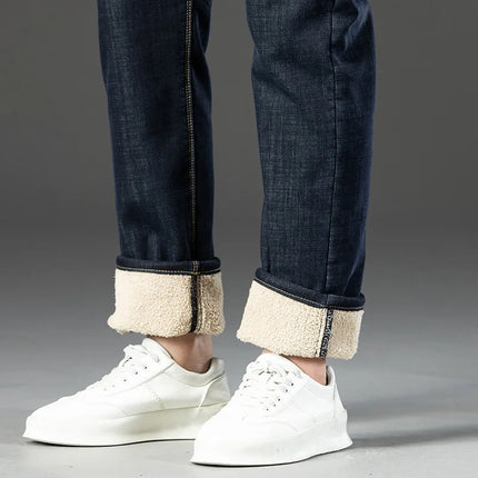 Soft Comfort Thicken Elastic Jeans Male Winter Warm Fleece Work Trousers Men Plush Wool Stretch Loose Straight Denim Pants