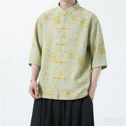 Camicie Estive da Uomo in Stile Cinese Tradizionale, Camicia Casual Kung Fu Tai Chi, Camicia di Lusso Jacquard Traspirante a Maniche Corte
