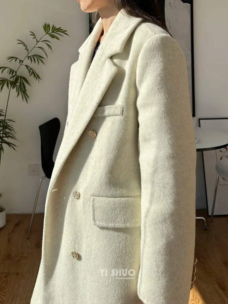 High-end Thick Double-sided Wool Coat Female Fashion Long  Autumn Winter Lapel Double Breasted Wool Coat Women Loose Outerwear