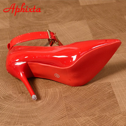 Aphixta Cintura in metallo con fibbia Cinturino Pimp Rosso Nero 10 cm Tacchi a spillo Décolleté Scarpe da festa da donna Rivetti Punta a punta Taglia 48 49 50