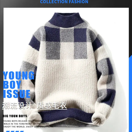 2023 Winter/Autumn Mink velvet High-Quality Fashion Trend Plaid Pattern Sweater Men Casual Loose Warm Sweaters Men Comfortable