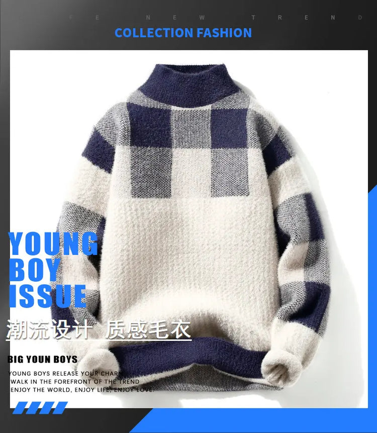 2023 Winter/Autumn Mink velvet High-Quality Fashion Trend Plaid Pattern Sweater Men Casual Loose Warm Sweaters Men Comfortable