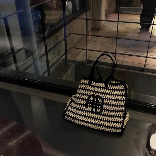 Large Capacity AB Letter Woven Straw Tote Bag, Beach Vacation Women's Striped RIO City Simple Style Casual Travel Bag