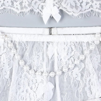 Sexy Erotic Womens Western Style Handmade Pearl 4 Piece Set Sensual See Through Lace Alluring Bowknot Attractive Breathable Set