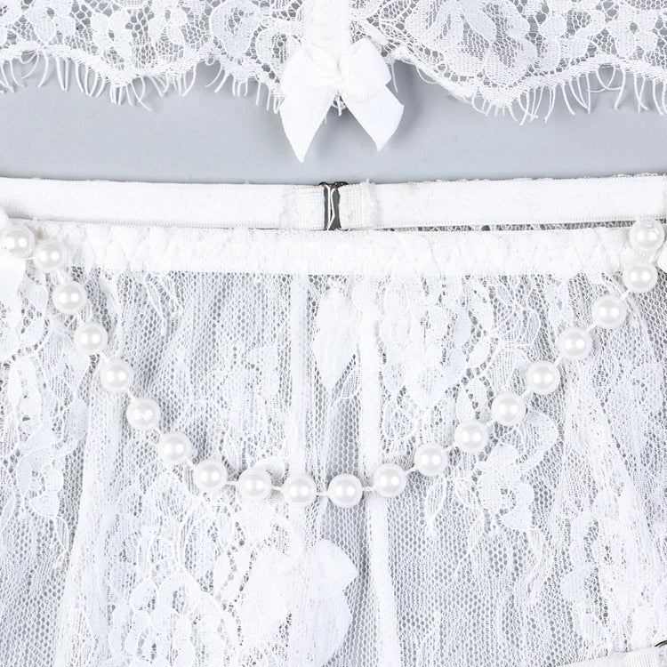 Sexy Erotic Womens Western Style Handmade Pearl 4 Piece Set Sensual See Through Lace Alluring Bowknot Attractive Breathable Set