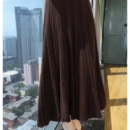 100% Pure Mink Pleated Skirts Women's Elastic High Waist Knitted Dress Fashion Joker Loose Big Swing Skirt Thick Umbrella Skirt PlatiNum