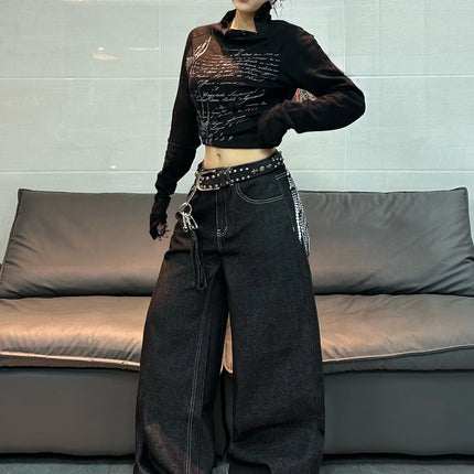 1 paio di jeans larghi con stampa Wing in stile retrò americano, pantaloni neri a gamba larga alla moda e versatili per donna