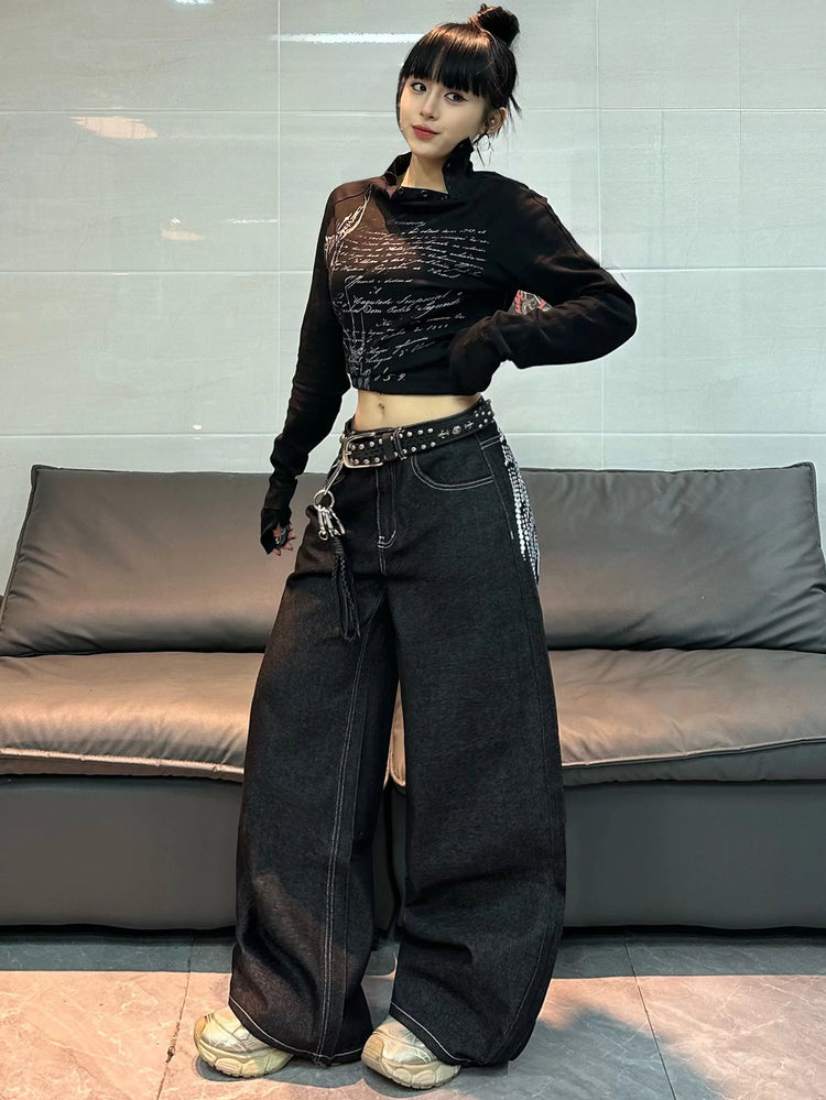 1 paio di jeans larghi con stampa Wing in stile retrò americano, pantaloni neri a gamba larga alla m