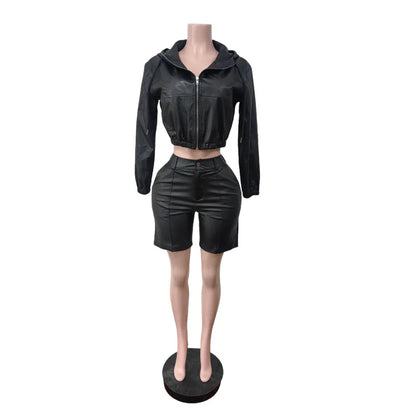 Yomesugar Autumn Sexy PU Leather 2 Piece Sets Women Hipster Zip Hooded Full Sleeve Crop Jacket and Shorts Matching Streetwear