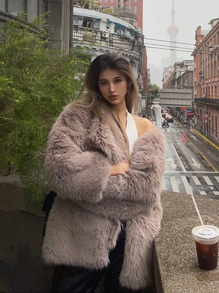 ZADORIN Korean Style Winter Warm Coat Women Mid Length Lapel Loose Faux Fox Fur Coat Luxury Overcoat Fluffy Fur Jacket Tops