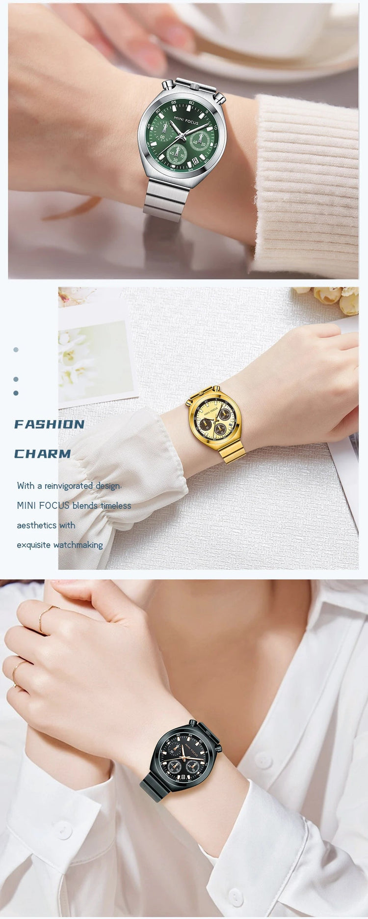 MINI FOCUS Orologio al quarzo verde argento per donna Orologio da polso cronografo con cinturino in acciaio inossidabile moda con lancette luminose Data 0491 platinumshop