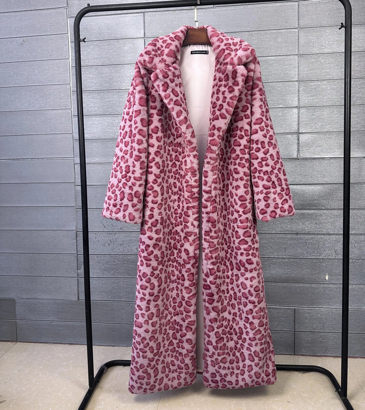 ZADORIN Elegant 130cm Long Furry Faux Rabbit Fur Coat Woman Y2K Clothes Leopard Lapel Faux Fur Jacket Woman Winter Fur Faux Coat
