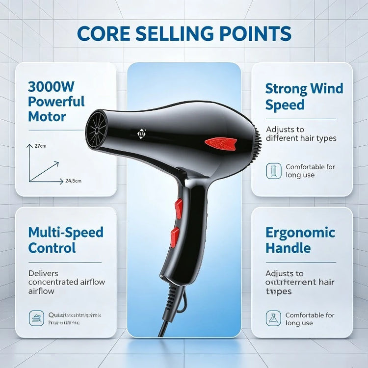 WETECH W1111 Professional Hair Dryer 3000W High Power Blow Dryer Adjustable Temperature & Wind Speed With 2Pcs Concentrator Nozzles AC100-240V Universal Voltage Salon Home Hair Styling Tool