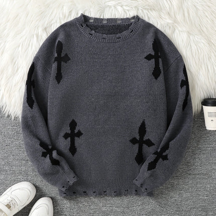 Trendy Street Style Ripped Cross Pattern Pullover Ripped Sweater Casual Crew Neck Knit Men's Pullover