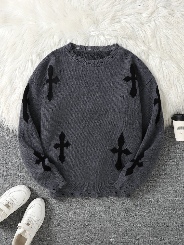 Trendy Street Style Ripped Cross Pattern Pullover Ripped Sweater Casual Crew Neck Knit Men's Pullover
