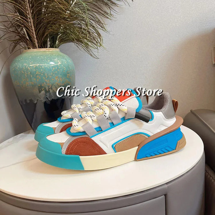 Unisex Round Toe Genuine Leather Sneakers Mixed Colors Mens Flat Breathable Lace Up Casual Shoes Spring Male Sneakers 35-46