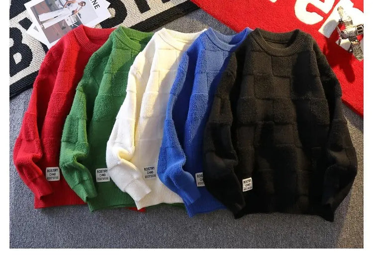 Warm Knit Sweater Autumn Winter Brand Clothing Mens Women Knitting Sweater Loose Fashion Plaid Male Long Sleeve Knitted Pullover