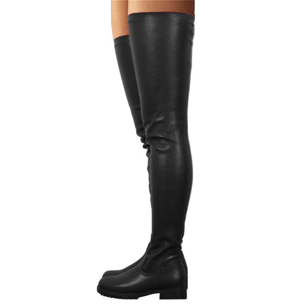 2025 Winter Over the Knee Women Boots European Platform Zipper Ladies Shoes Comfort Square High Heels Elastic Leather Long Boots PlatiNum