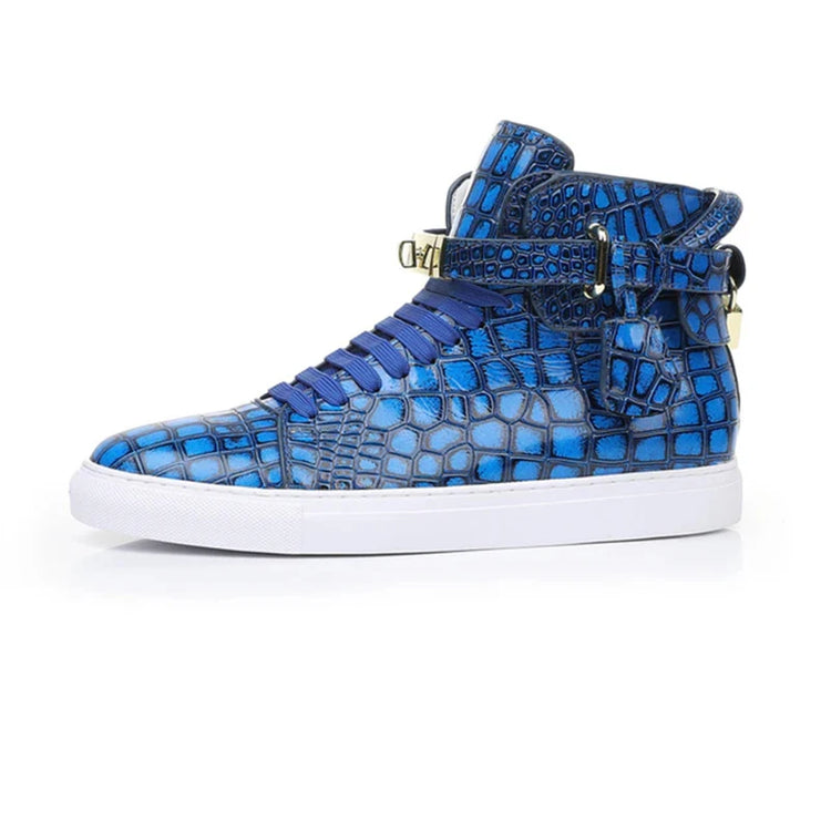 Luxury Designer Men Crocodile Pattern High Top Sneakers Glossy Patent Leather Gold Buckle Lace-up Casual Street Shoes Footwear